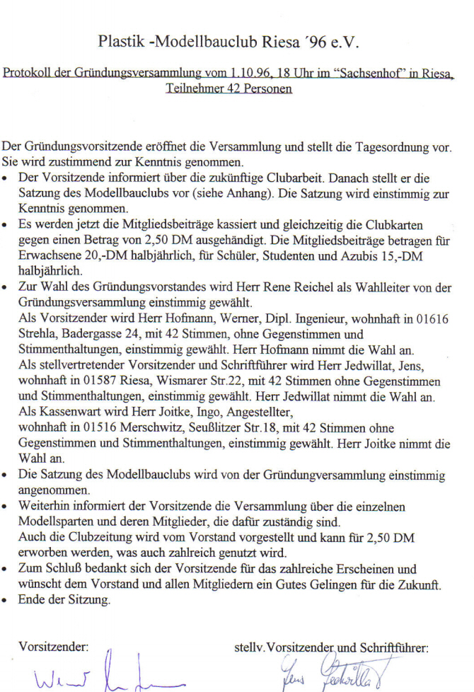 Protokoll der Gründung des PMC Riesa 96 e.V.